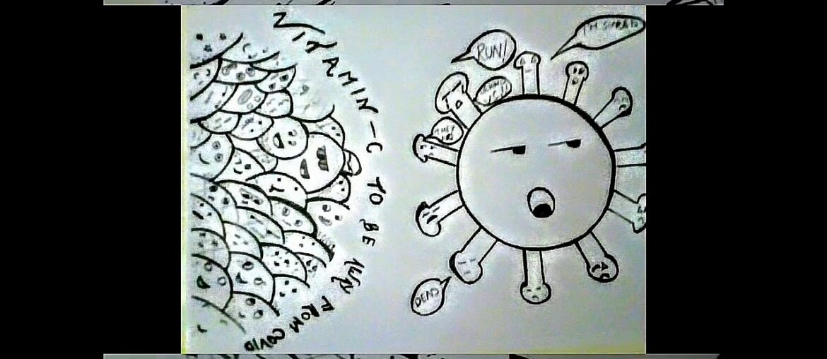 DOODLE ART ON CORONA VIRUS AND VITAMIN-C FRUITS