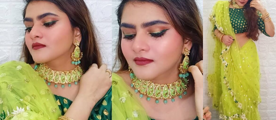 WEDDING GUEST MAKEUP LOOK | GREEN EYE MAKEUP | MAKEUP WITH GREEN SAREE | SIYA FASHION SAREE | RIA