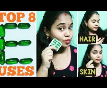 Top 8 uses of Vitamin E oil for Skin & Hair in telugu.