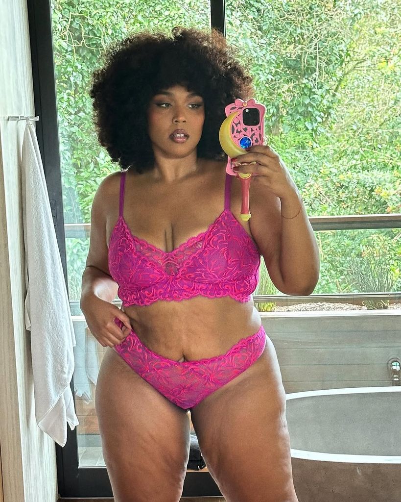Selfie shared by Lizzo on Instagram wearing pink underwear