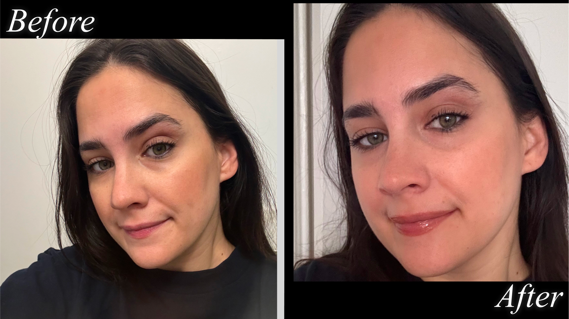 Fashion E-Commerce Editor Julia Marzovilla before and after testing the Victoria Beckham Beauty Posh Gloss in "Tanline."