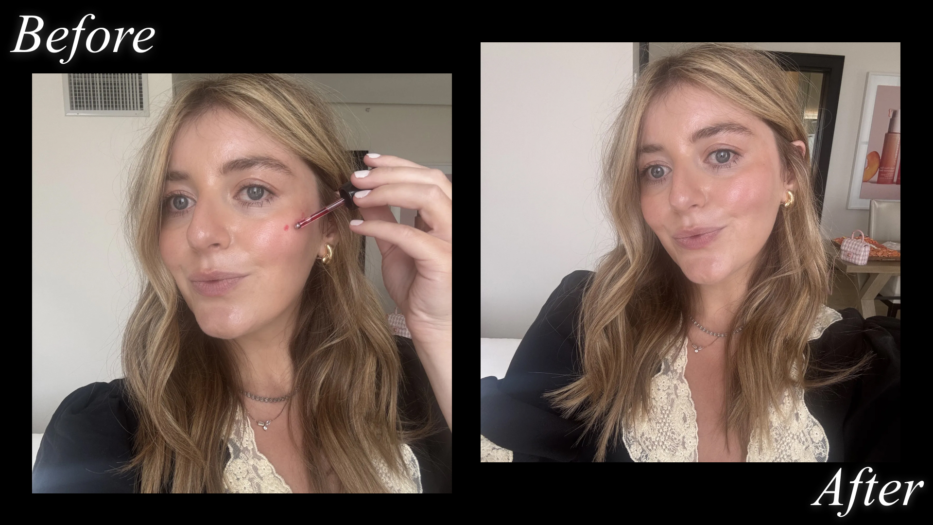 Samanatha Holender before and after testing the Victoria Beckham Beauty Colorwash Blush
