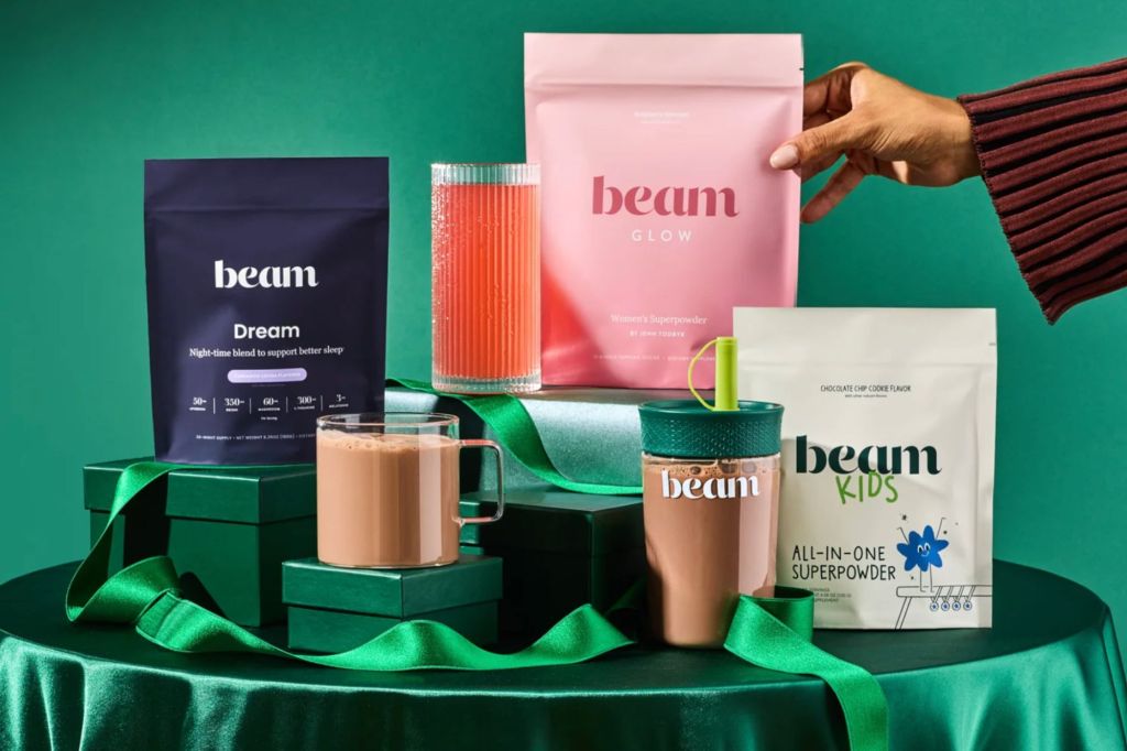 A variety of Beam products on a table dressed for the holidays.