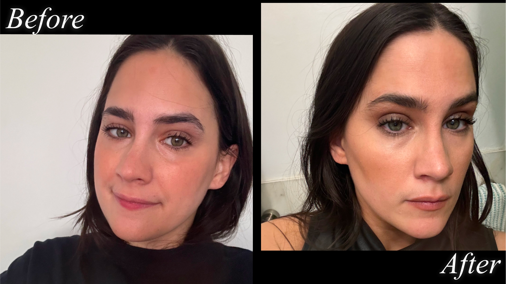Fashion E-Commerce Editor Julia Marzovilla before and after testing the Victoria Beckham Beauty Lid Lustre in "Mink."