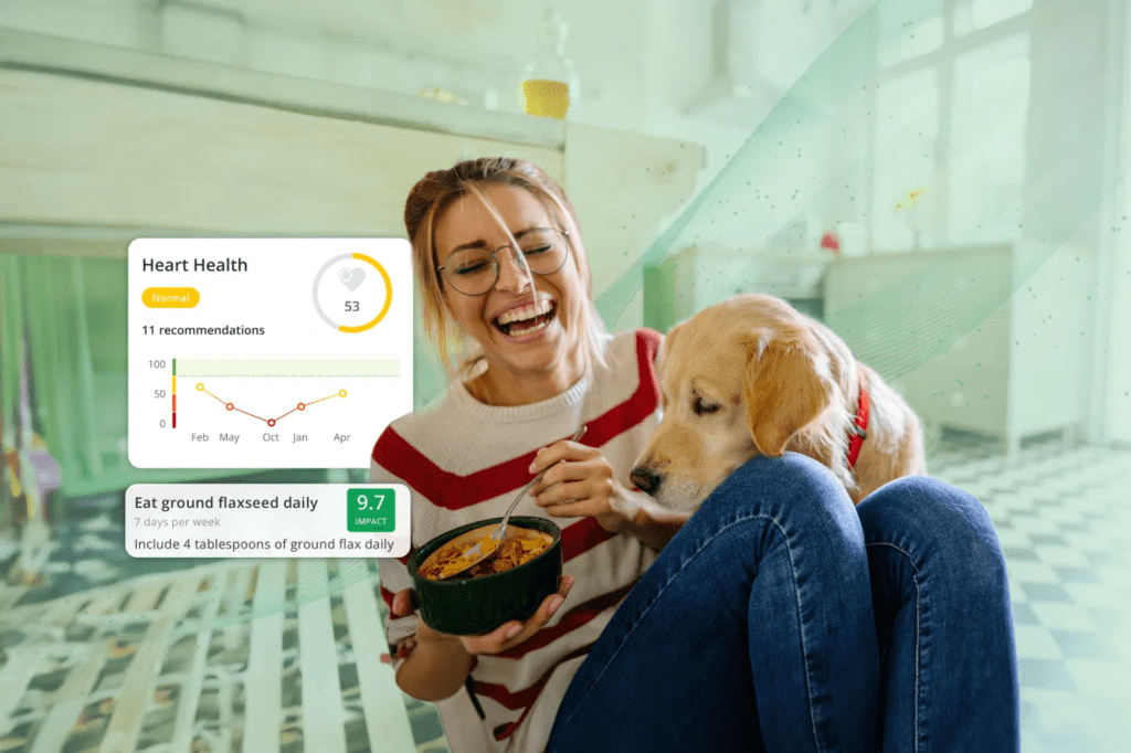 A woman laughing with her dog while holding a bowl of food, with an overlay of a "Heart Health" dashboard showing recommendations and a suggestion to "Eat ground flaxseed daily."