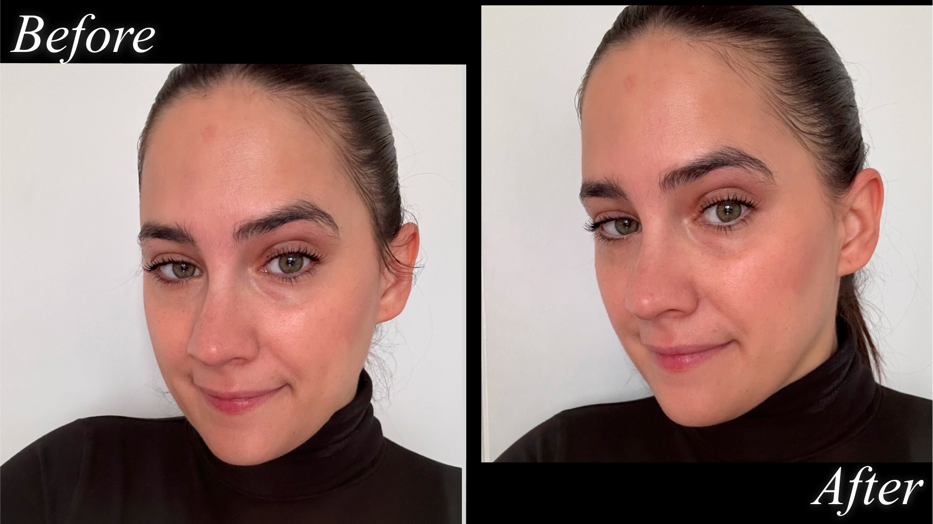 Fashion E-Commerce Editor Julia Marzovilla before and after testing the Victoria Beckham Beauty Instant Brightening Waterline Pencil.