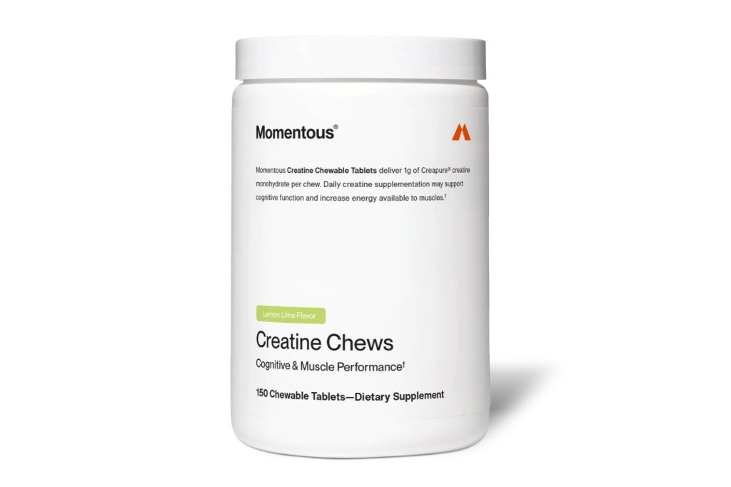 Momentous Creatine Chews, Lemon Lime flavor, 150 chewable tablets, for cognitive and muscle performance.