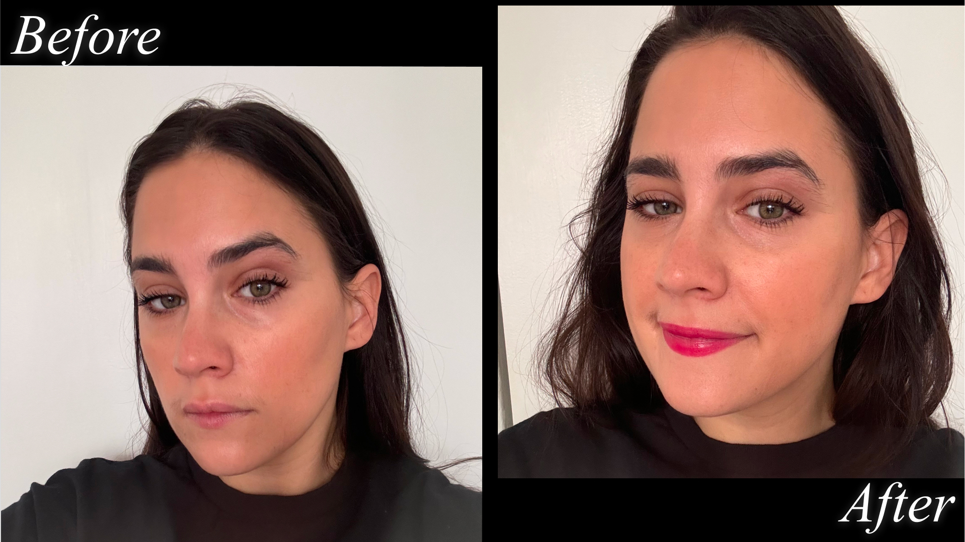 Fashion E-Commerce Editor Julia Marzovilla before and after testing the Victoria Beckham Beauty Posh Lipstick in "Pop"