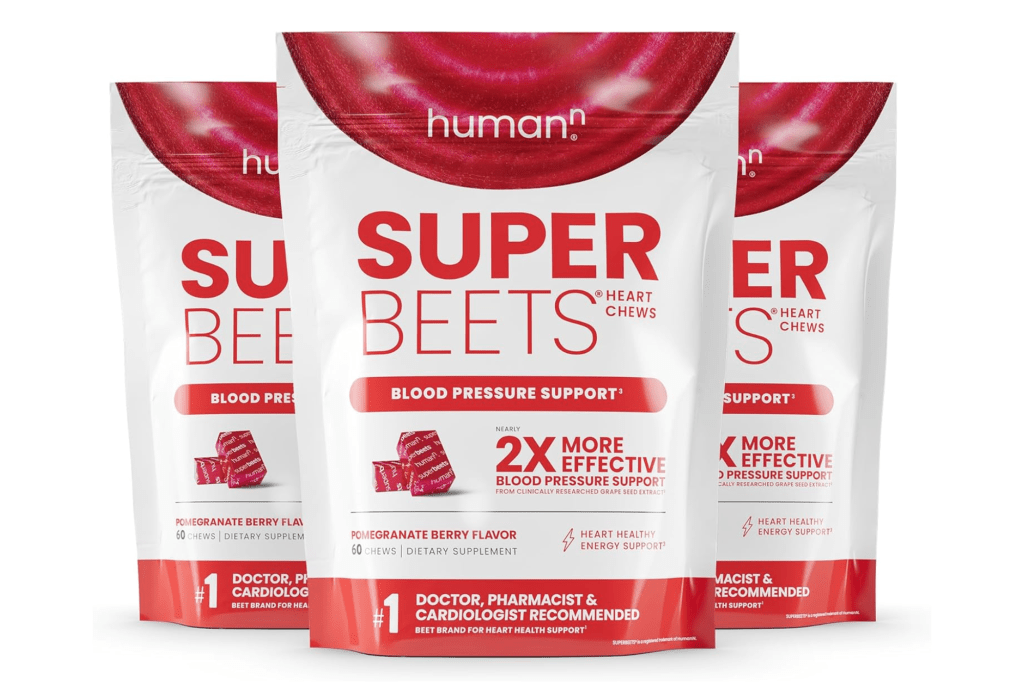 Three pouches of SuperBeets Heart Chews in Pomegranate Berry Flavor, with text highlighting blood pressure support and heart healthy energy support.