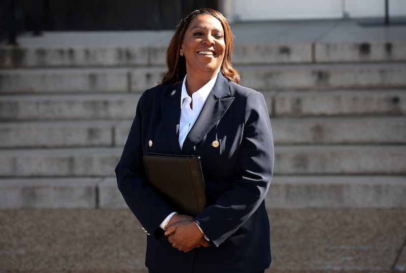 New York Attorney General Letitia James speaks outside the Walter E. Hoffman United States Courthouse following an arraignment hearing on October 24, 2025 in Norfolk, Virginia.