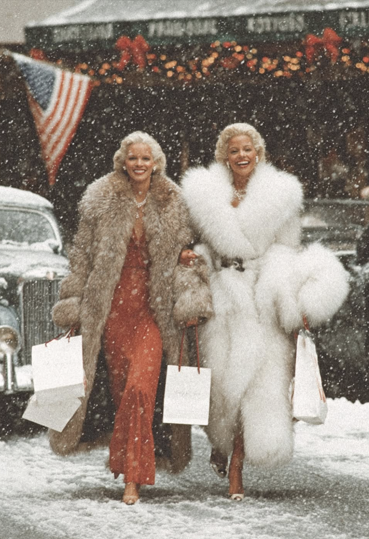 Black Friday sales 2025. AI vintage NYC Christmas with women carrying shopping bags