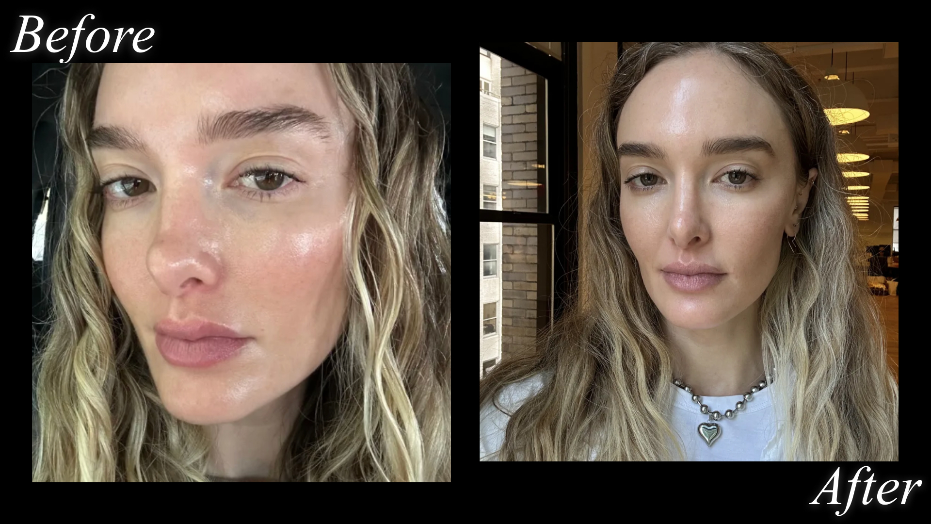 Beauty Director Hannah Baxter before and after testing the Victoria Beckham Beauty The Foundation Drops With Tfc8® in Shade 3 Light