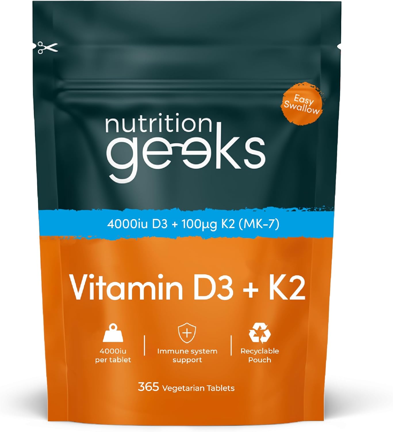 Vitamin D3 4000 Iu & Vitamin K2 Mk7 100μg - 1 Year Supply, 365 Easy-Swallow Vitamin D3 K2 Tablets, 1-A-Day High Strength Vegetarian D3 and K2 Vitamin Supplements, Uk Made Vitamin D Tablets