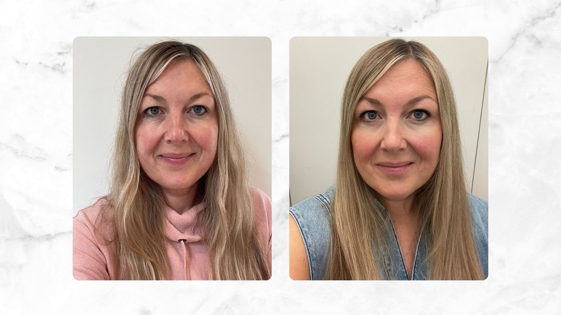 Sarah before & after reviewing the Color Wow Dreaming Hair Treatment