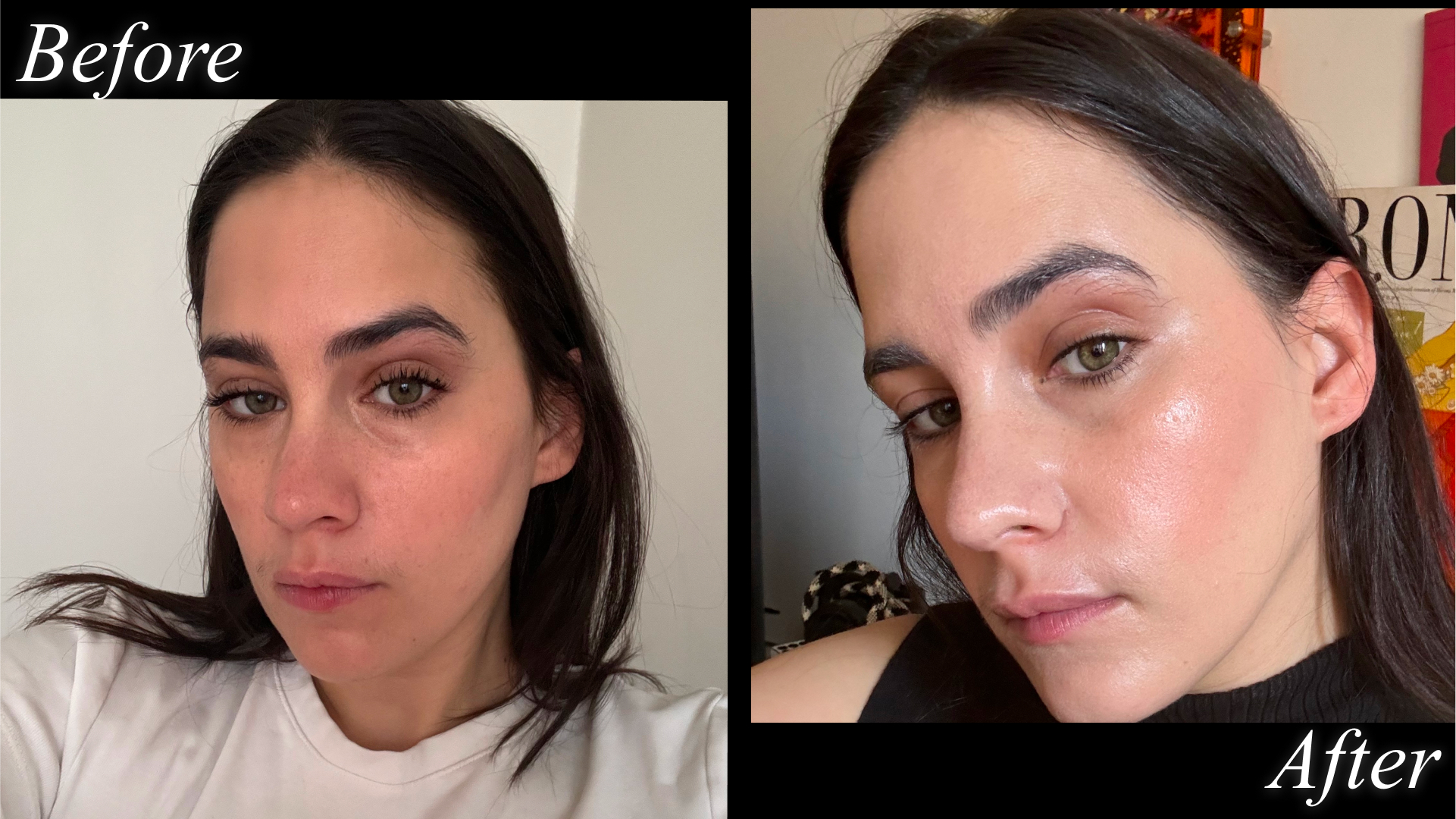 Fashion E-Commerce Editor Julia Marzovilla before and after testing the Victoria Beckham Beauty Reflect Highlighter Stick in "Pearl"