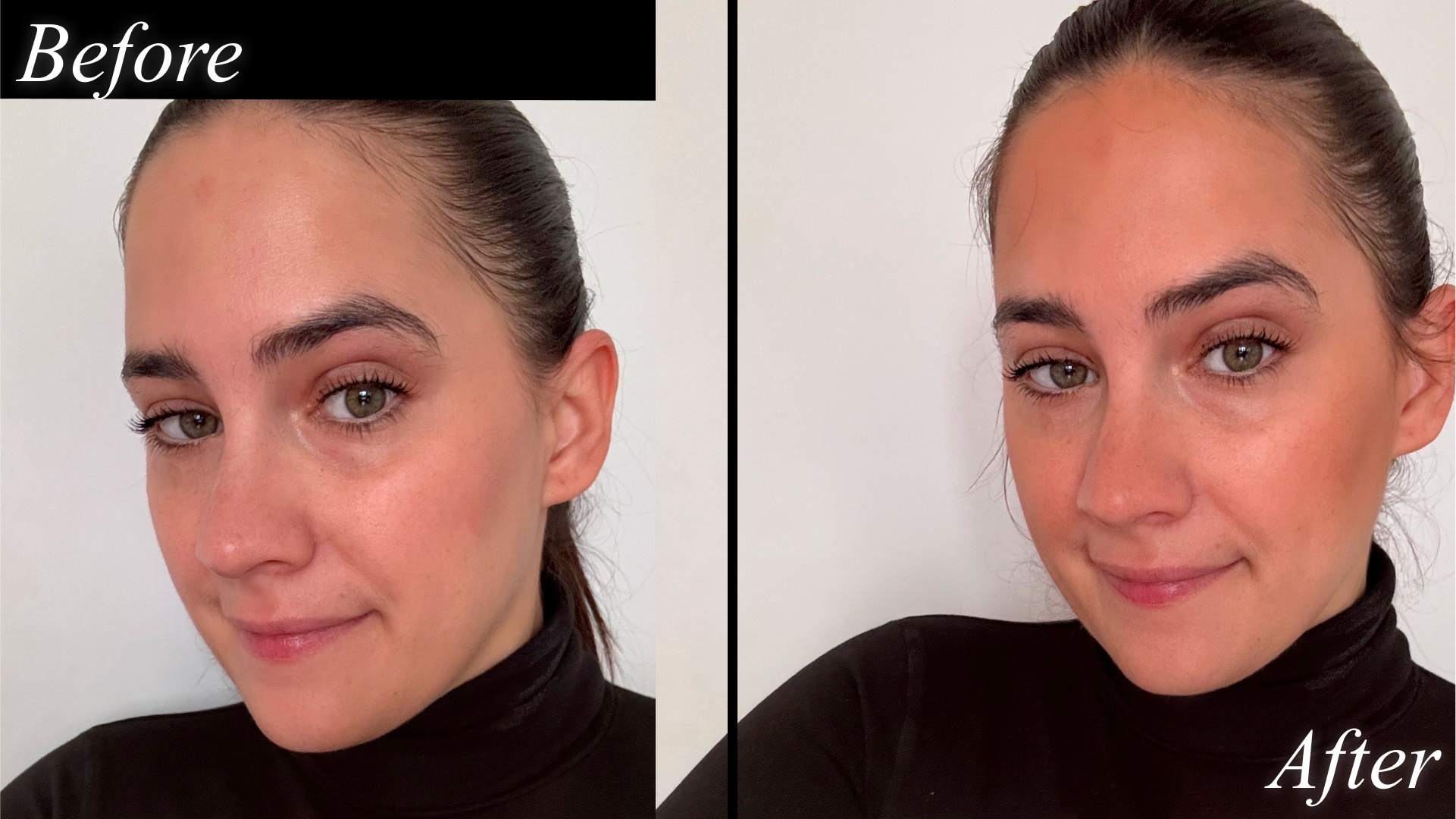 Fashion E-Commerce Editor Julia Marzovilla before and after testing the Victoria Beckham Beauty Matte Bronzing Brick in "02 Soleil and Honey."