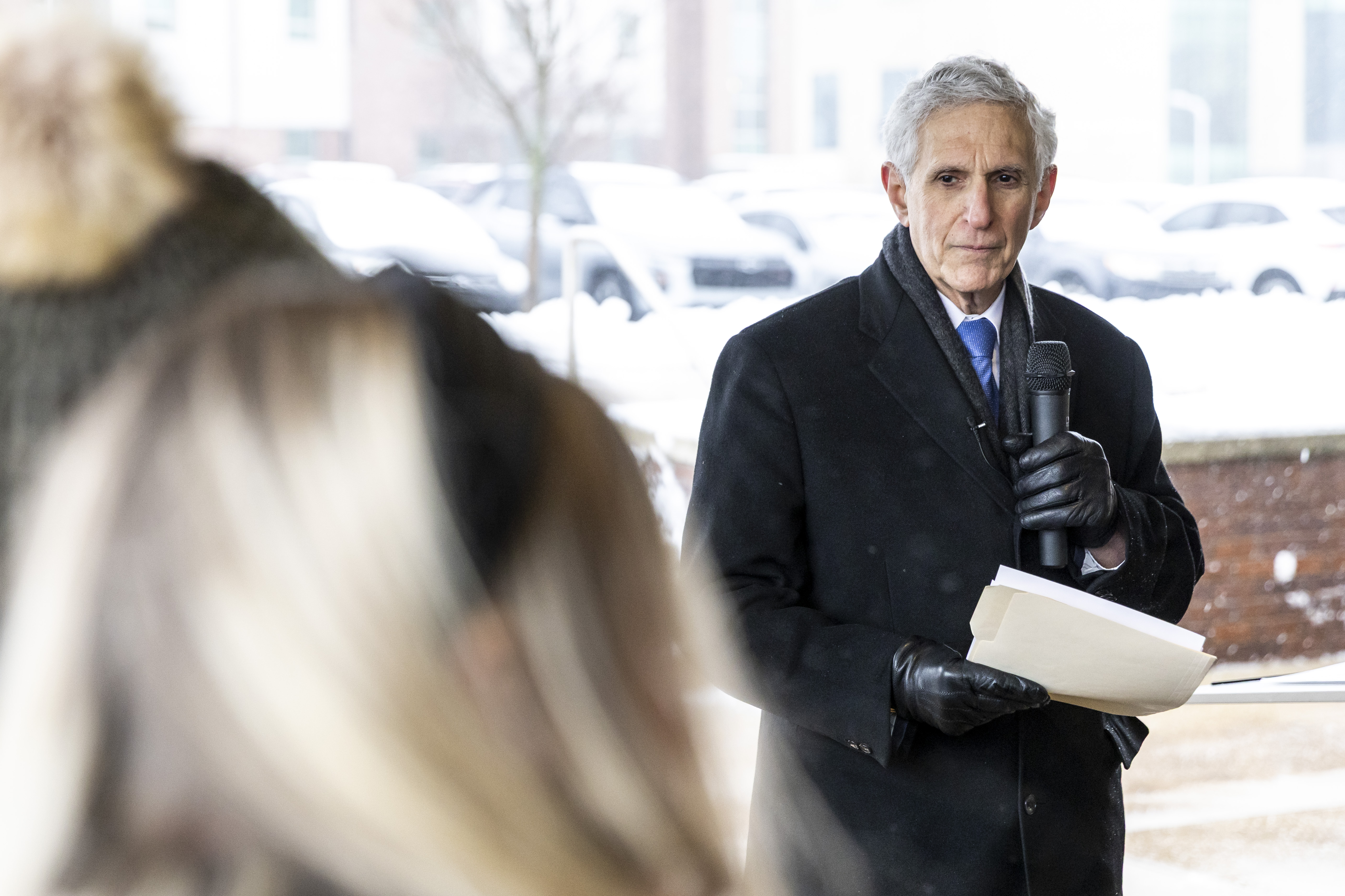 University president Richard J. Pappas speaks at a  dedication ceremony is held outside the newly named Keith and Kathryn Klingenberg Wellness Center at Davenport University in Grand Rapids, Mich. on Wednesday, December 10, 2025.