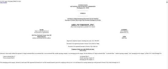 Adia Nutrition Inc. Files SEC Form 10 as Strategic Step Toward Full Reporting Status