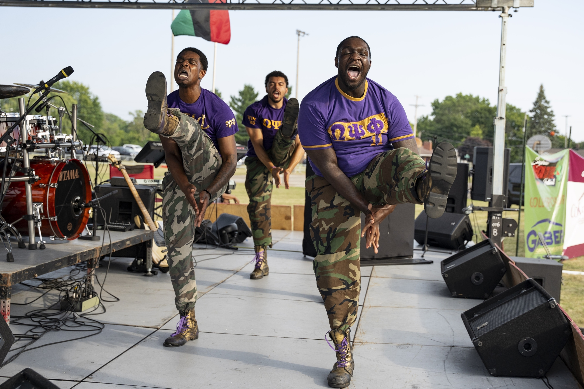 Omega Psi Phi Fraternity is seen stepping during the Saginaw African Cultural Festival held at the old Morley School grounds on Friday, August 8, 2025.