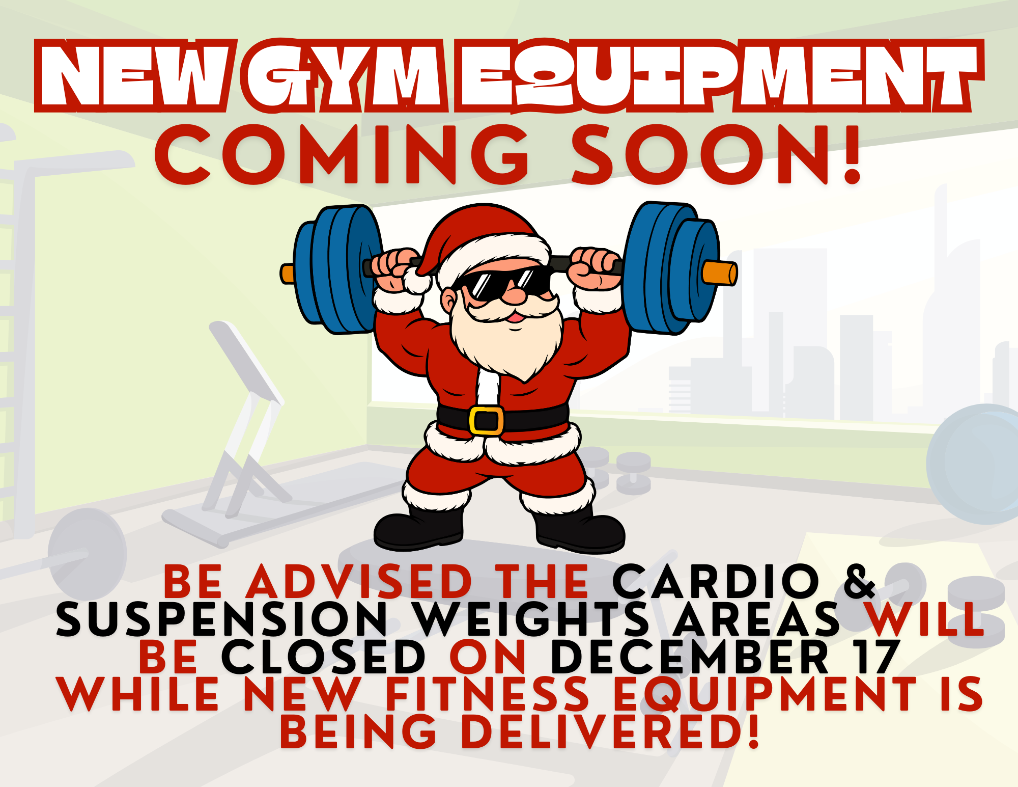 flyer for new gym equipment at Cottonwood Rec Center, with santa lifting weights, details in article