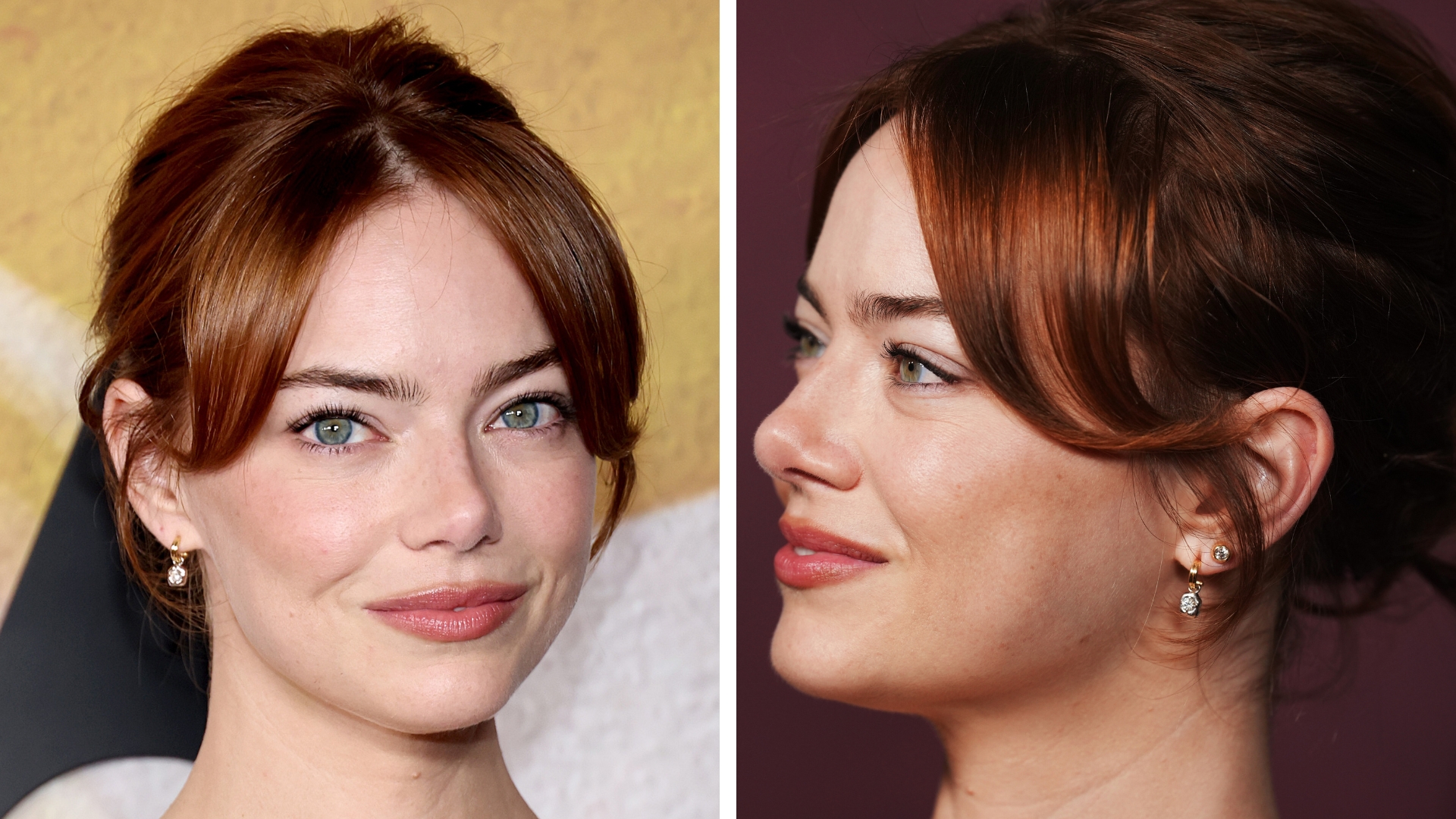 On the left, an image showing Emma Stone smiling with auburn updo, on the right, showing the short updo to the side