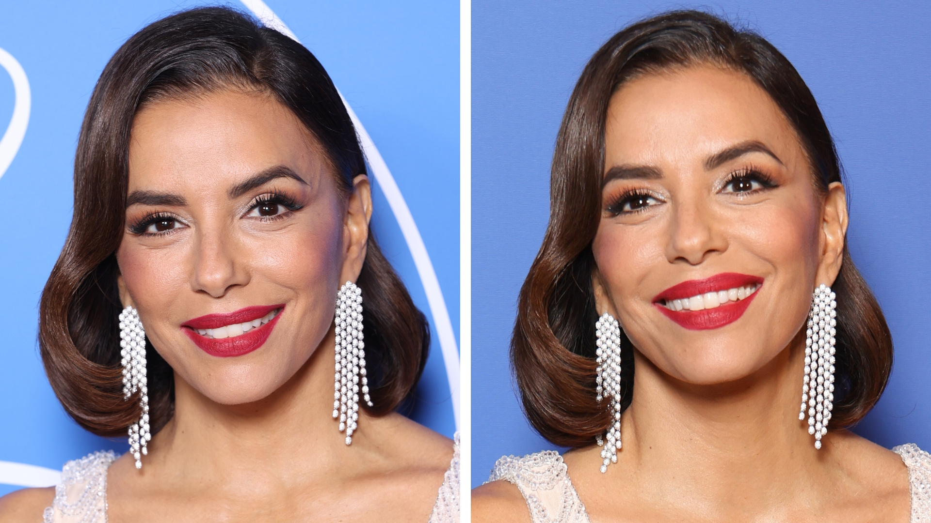 Collage of images showing Eva Longoria smiling with a brunette curled Old Hollywood-stle bob, with crystal drop earrings and wearing a bright red lipstick