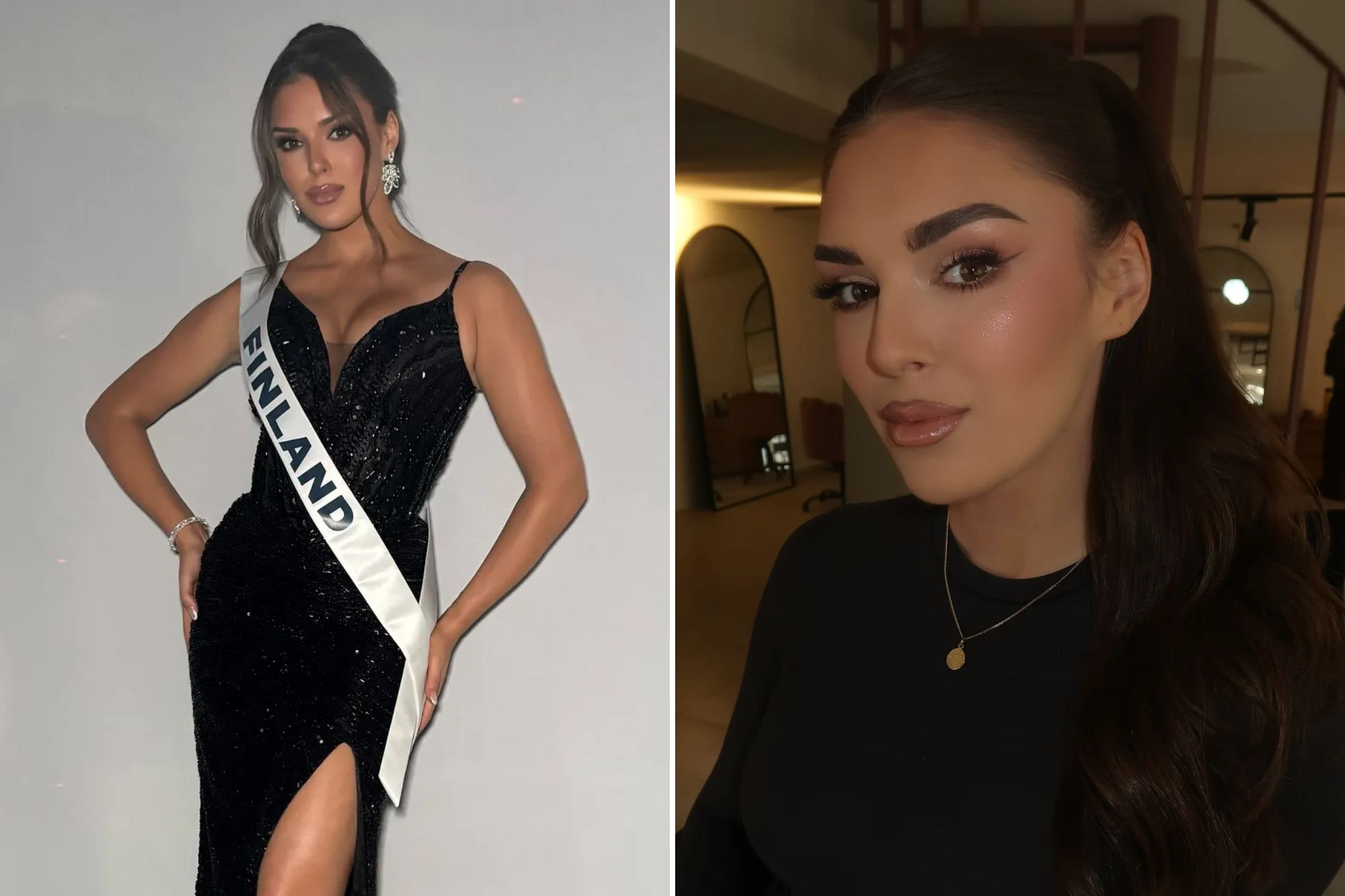 An image collage containing 2 images, Image 1 shows Miss Finland stripped of crown for 'racist' social media picture, Image 2 shows Miss Finland stripped of crown for 'racist' social media picture