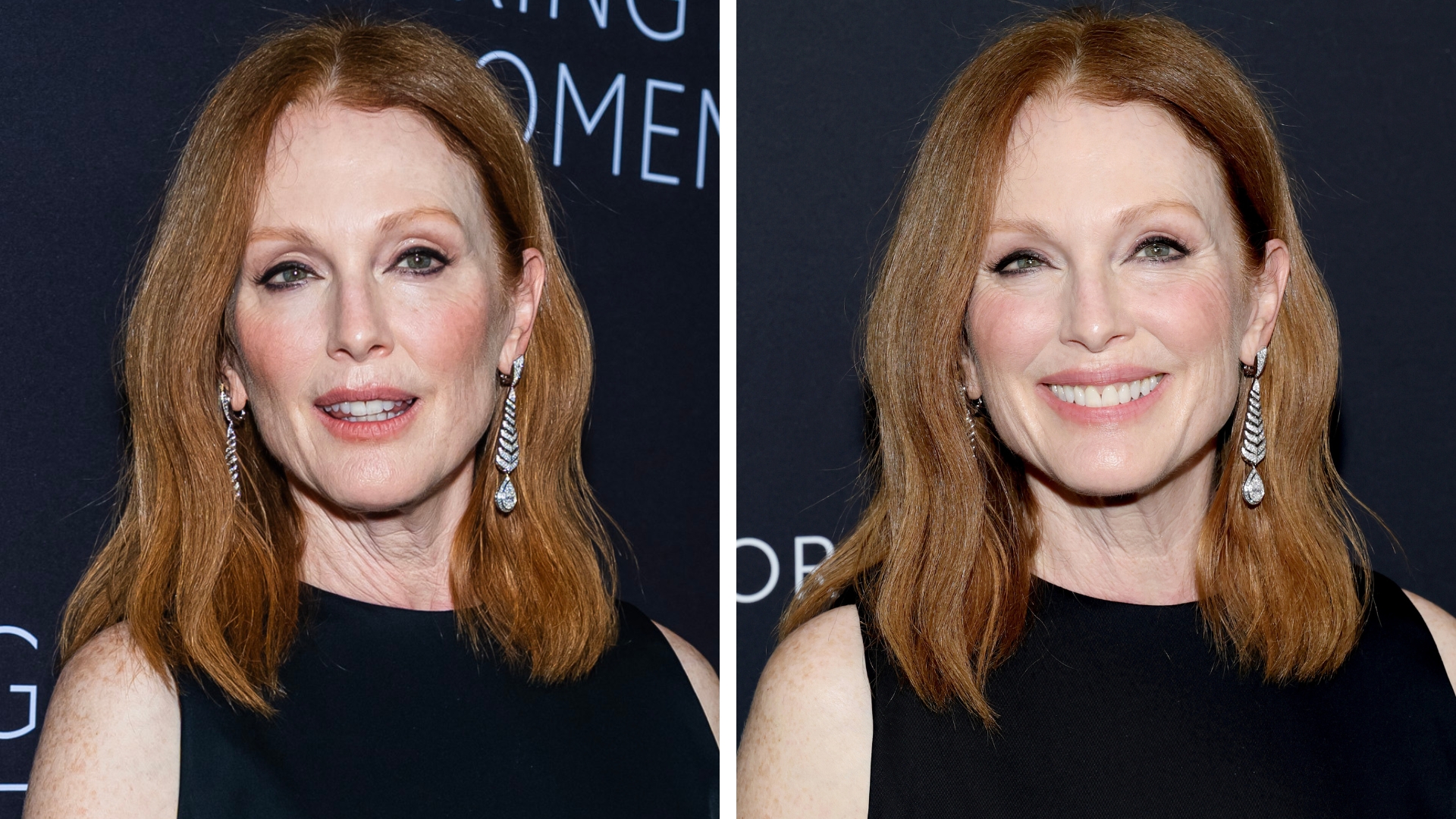 Collage of images showing Julianne Moore smiling with auburn wavy bob, wearing eyeliner and a black high-neck gown