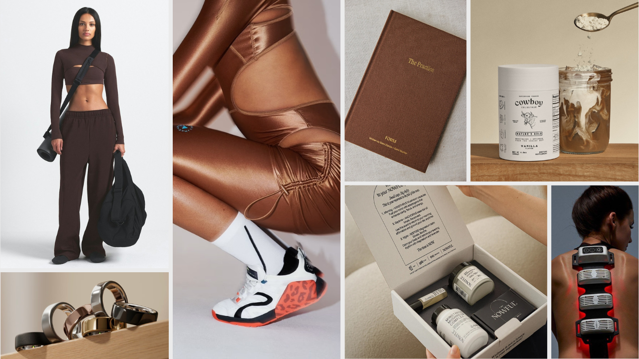 GRAZIA Wellness & Fitness Holiday Gift Guide. Photo Credits (clockwise): NikeSKIMS, adidas by Stella McCartney, FORM, Cowboy Colostrum, Recharge Health, Nowful, Oura Ring