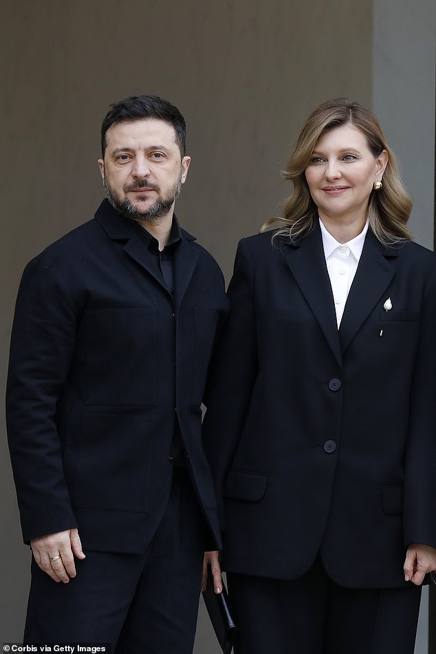 Volodymyr Zelensky and wife Olena Zelenska on December 1, 2025 following a meeting with French President Emmanuel Macron