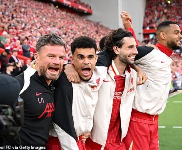 Lee Nobes (left), pictured celebrating the title win last season, dropped Hugo Ekitike from his Fantasy Premier League line-up