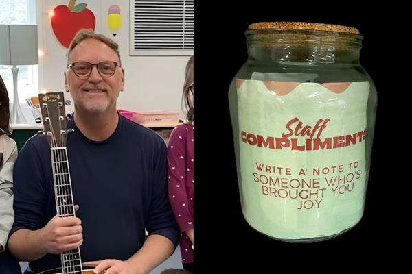 Principal Ron Kew holding a guitar and smiling. And image of the staff appreciation jar is to the right.