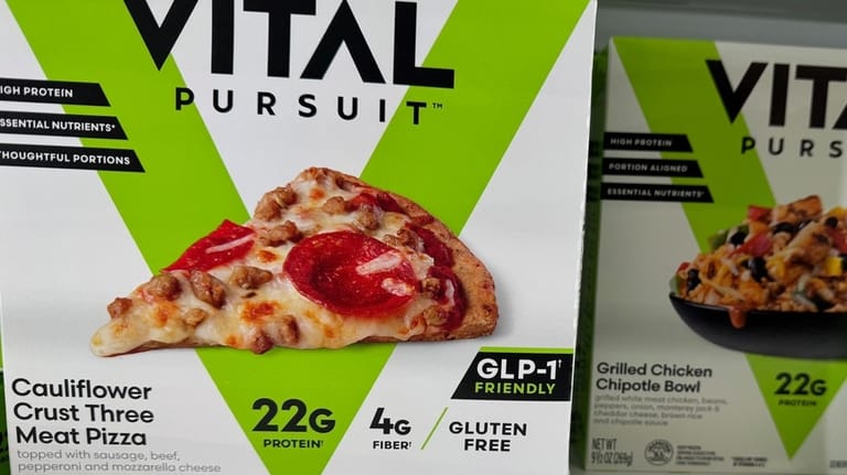 Meals with "GLP-1 Friendly" labels sit on the shelf of...