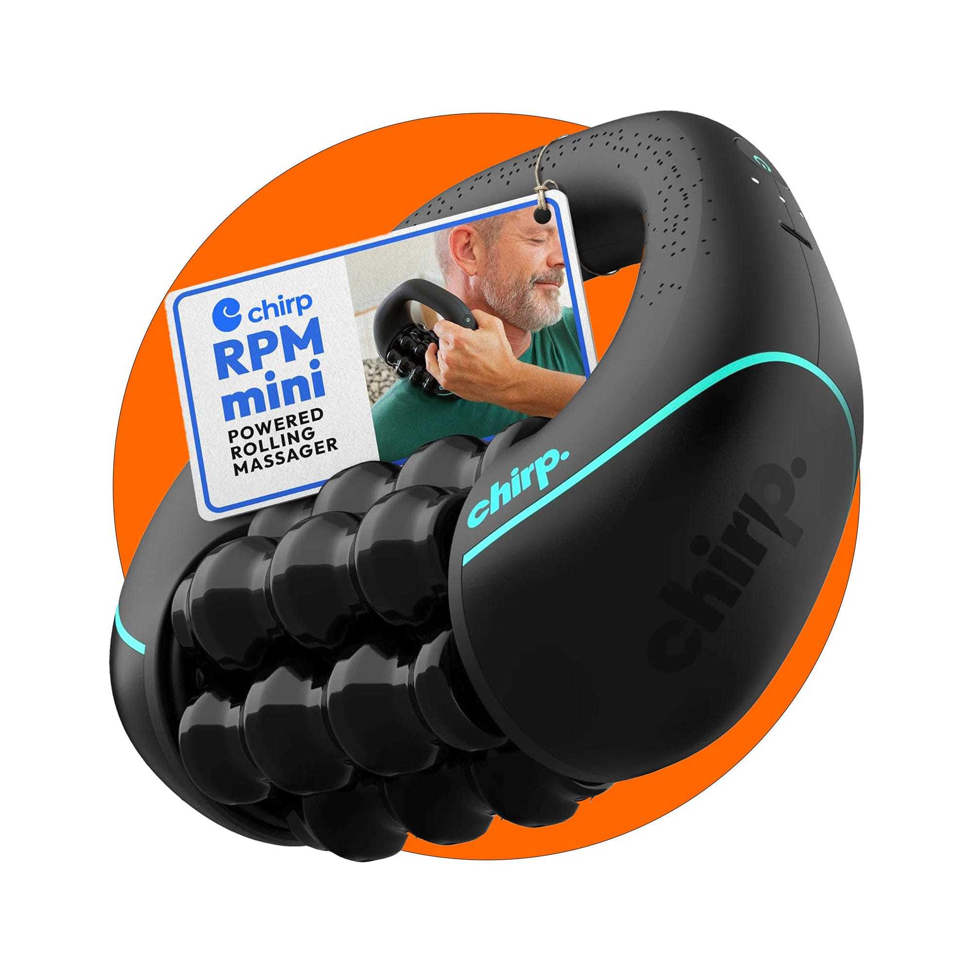 Chirp RPM Mini - Rolling Percussive Massager, Percussive Therapy, Whole Body Relief, Deep Tissue and Muscle Recovery, Percussion Massage, Rechargeable, Hands-Free Base, Powerful, 3-Speed Spin