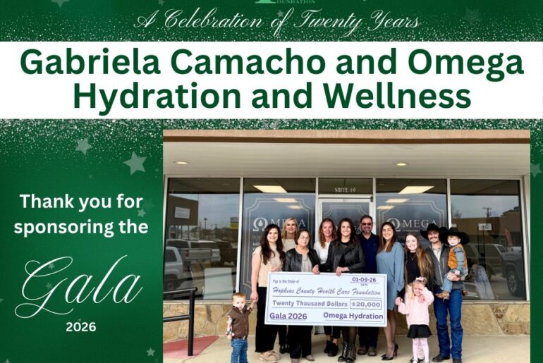 Gabriela Camacho of Omega Hydration and Wellness has generously sponsored the upcoming Gala to be held on January 24. The event will celebrate 20 vibrant years of donors, sponsors, and volunteers who have helped complete 35 major projects and raise 3.3 million dollars for local healthcare initiatives.