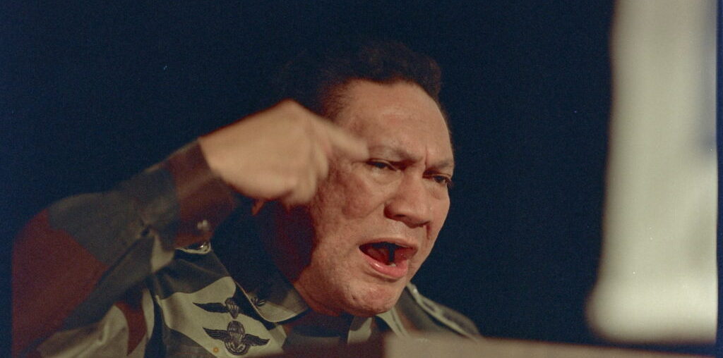Panamanian military leader General Manuel Antonio Noriega gestures during a speech to delegates from Central American and ...