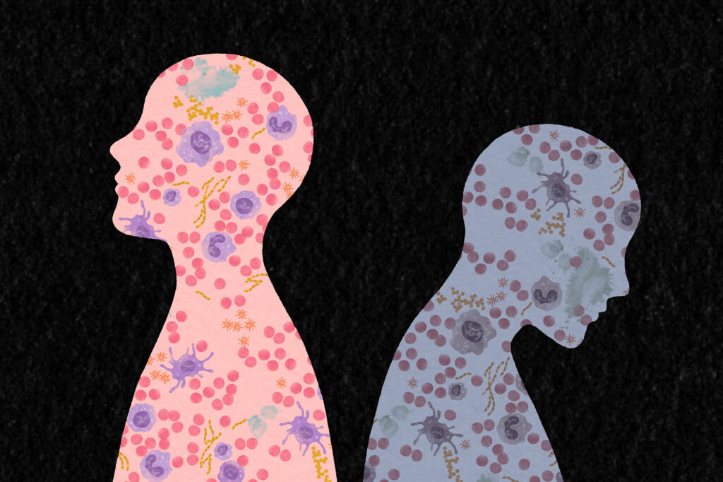 Salk scientists discover that different people can have distinct responses to the same infection depending on how their genetics and life experiences have shaped their immune cell function. The colorful left silhouette represents a patient whose immune system is well-suited for the same infection that the dull right silhouette is unable to handle.
