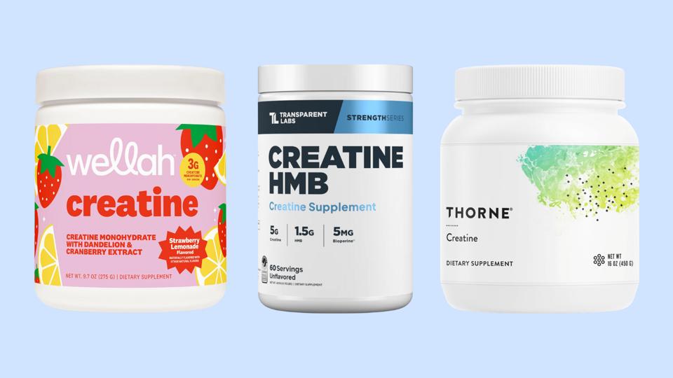 Three different creatine supplements on an illustrative light blue background