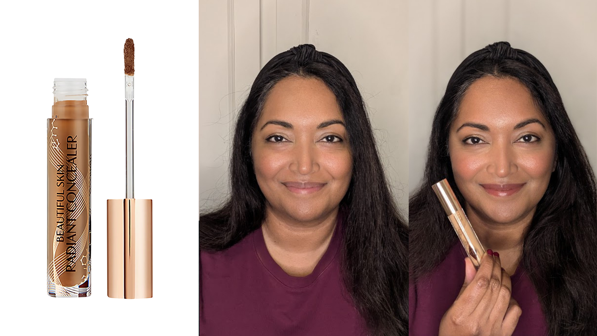 Collage of three images showing the Charlotte Tilbury Beautiful Skin Concealer (left) Ayesha with no makeup (centre) and a full-face of makeup while holding the concealer (right)
