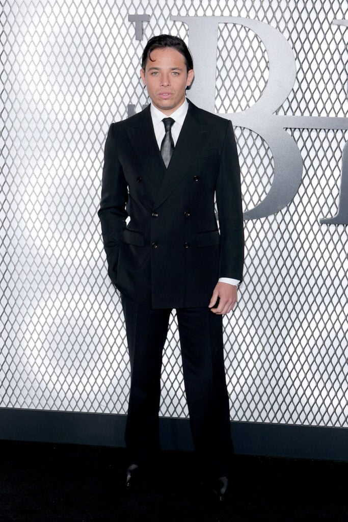 Anthony Ramos, Anthony Ramos red carpet, The Beauty New York premiere, double breasted suit, leather tie menswear, Anthony Ramos tailoring