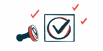 A stamp of a check mark inside a circle is shown next to a rubber stamp and three small check marks.