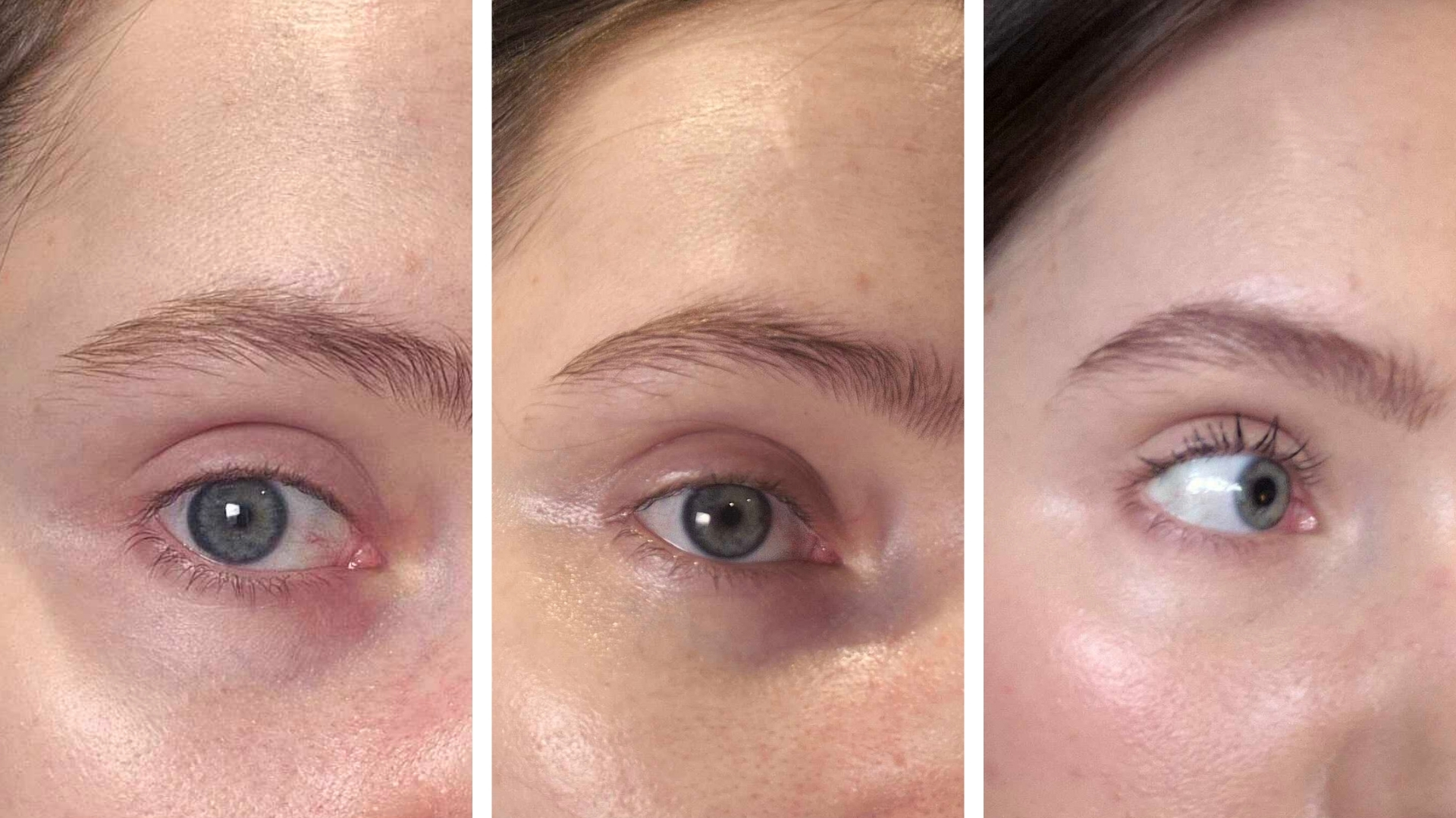 On the left is a close-up of Digital Beauty Writer, Naomi Jamieson's eye before applying Tatcha's eye cream, followed by a picture (M) of Naomi's under-eyes directly after application, and on the right, a picture with makeup then applied over the top.