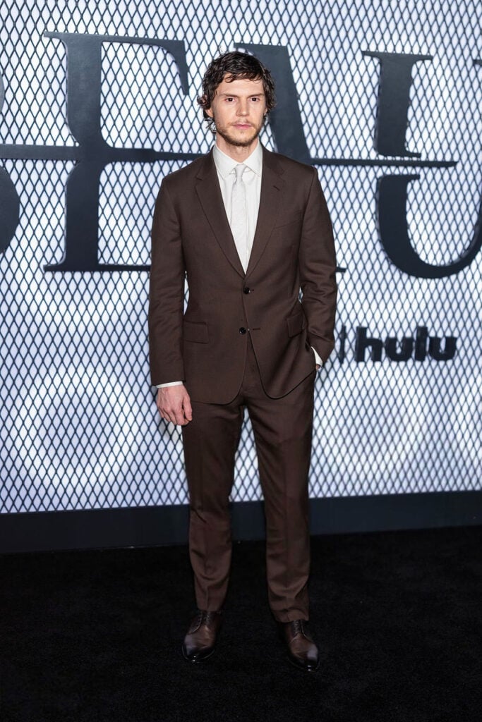 Evan Peters, Evan Peters red carpet, The Beauty New York premiere, Paul Smith suit, chocolate brown suit, ivory shirt menswear, Evan Peters tailoring