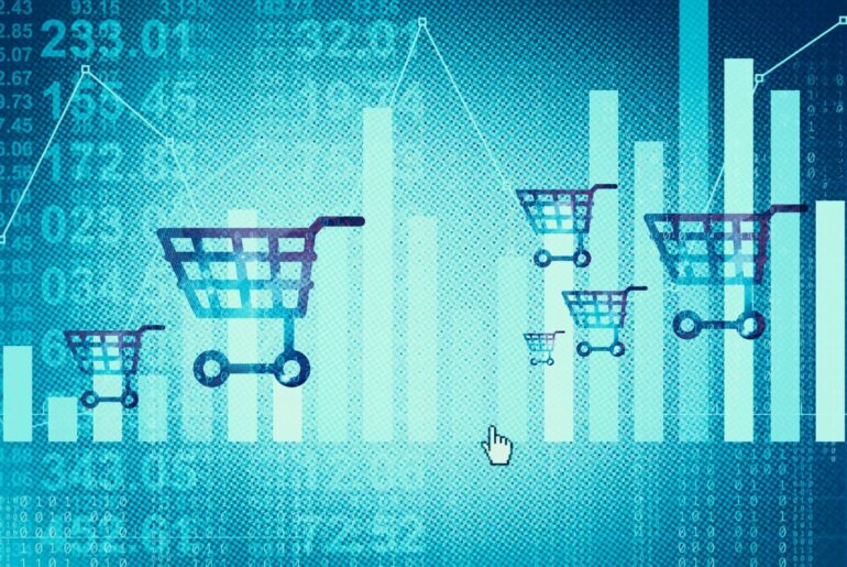 Multiple shopping carts over a data background to illustrate customer data.