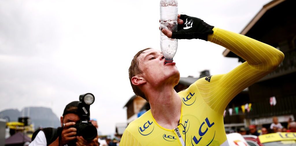 COMBLOUX, FRANCE - JULY 18: Stage winner Jonas Vingegaard of Denmark and Team Jumbo-Visma - Yellow Leader Jersey reacts after the stage sixteen of the 110th Tour de France 2023 a 22.4km individual climbing time trial stage from Passy to Combloux 974m / #UCIWT / on July 18, 2023 in Combloux, France. (Photo by Anne-Christine Poujoulat - Pool/Getty Images)