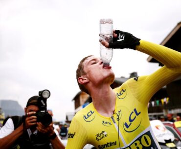 COMBLOUX, FRANCE - JULY 18: Stage winner Jonas Vingegaard of Denmark and Team Jumbo-Visma - Yellow Leader Jersey reacts after the stage sixteen of the 110th Tour de France 2023 a 22.4km individual climbing time trial stage from Passy to Combloux 974m / #UCIWT / on July 18, 2023 in Combloux, France. (Photo by Anne-Christine Poujoulat - Pool/Getty Images)
