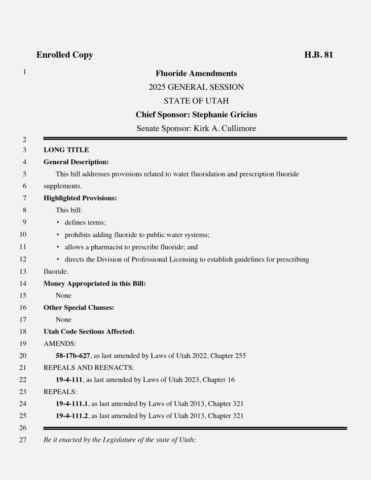 The first page of Utah’s HB 81, outlawing the addition of fluoride to public drinking water.