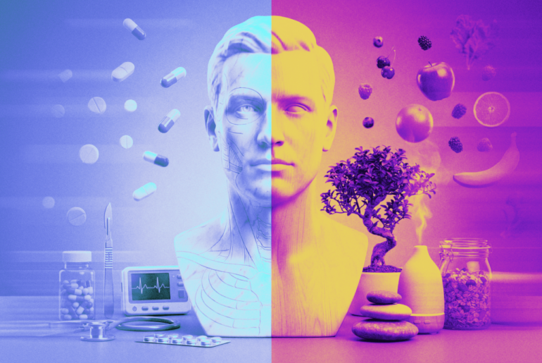 Graphic illustration of a head bust with health and wellness tech