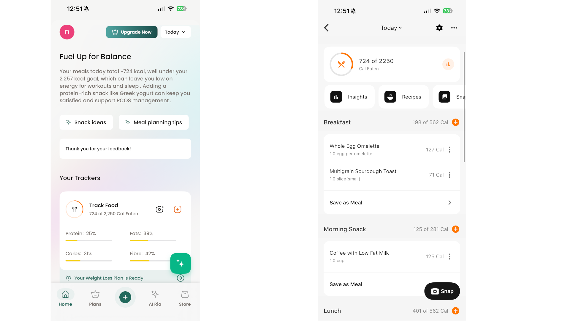 Screenshots of the Healthify app showing the home screen with current macros and an AI summary (left) and a specific timeline of logged food for the day (right).