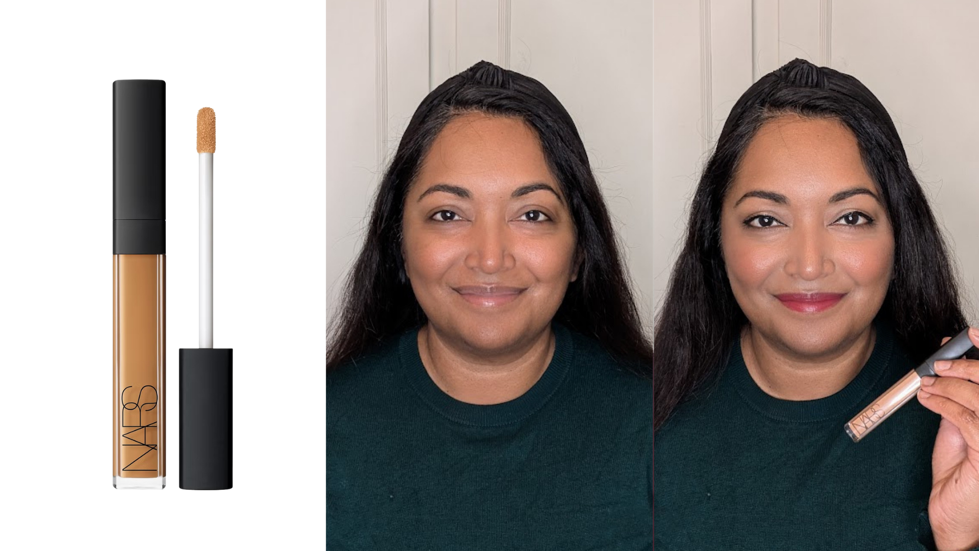 Collage of three images showing the NARS Creamy Radiant Concealer (left) Ayesha with no makeup (centre) and a full-face of makeup while holding the concealer (right)